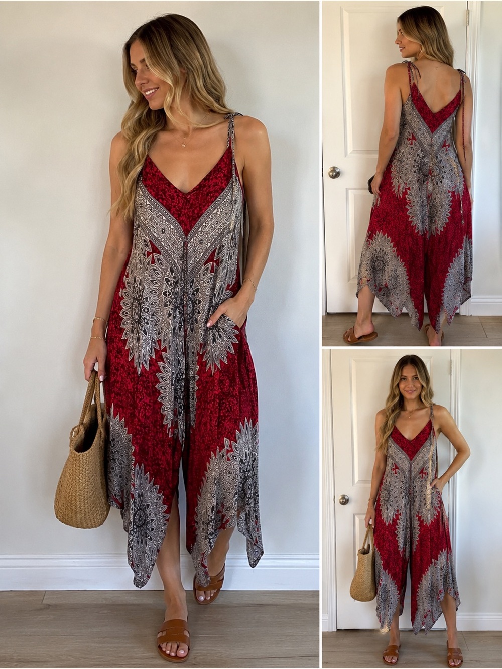 Red and Gray Paisley V-Neck Spaghetti Strap Jumpsuit
